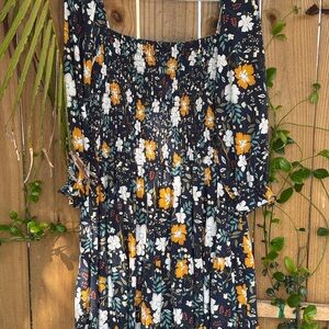 Baltic Born 2XL Navy Floral Smocked Midi Dress Yellow White Boho Peasant Cottage